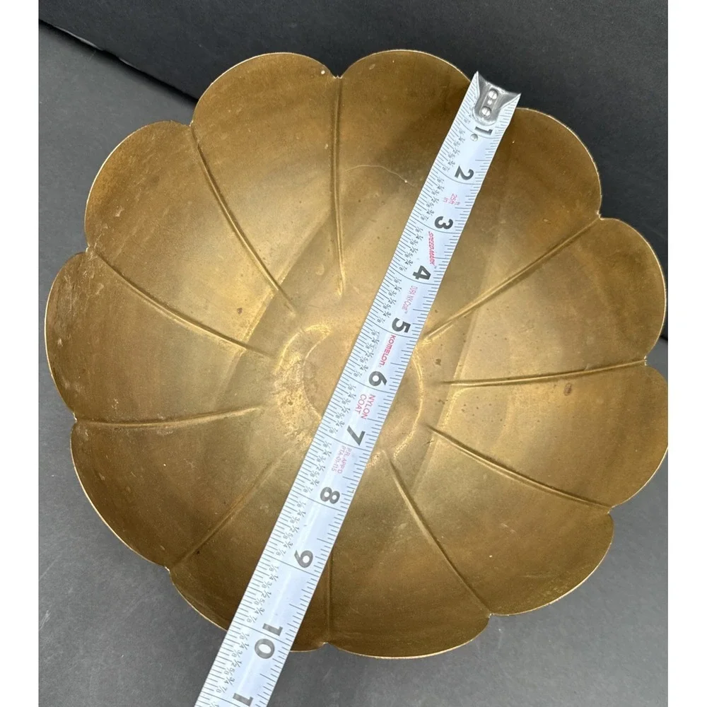 Large vintage brass scalloped pedestal centerpiece display bowl made in India